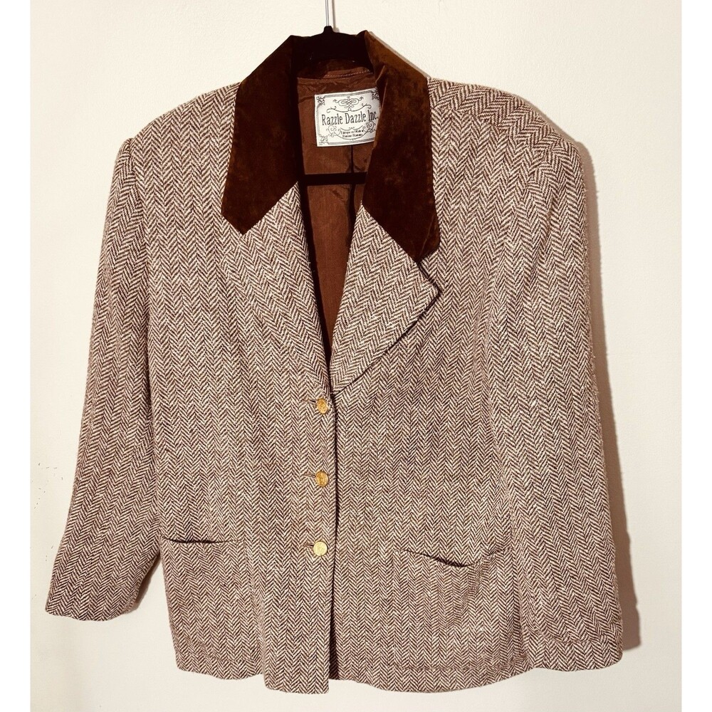 Vintage 11/12 (Sz M)- Razzle Dazzle Inc. Herringbone Blazer/ Velvet Collar/ Wool